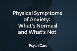 Horizontal feature image with the title “Physical Symptoms of Anxiety: What’s Normal and What’s Not” over a dark background showing a shadowed figure clutching their chest, with PsychiCare branding at the bottom.