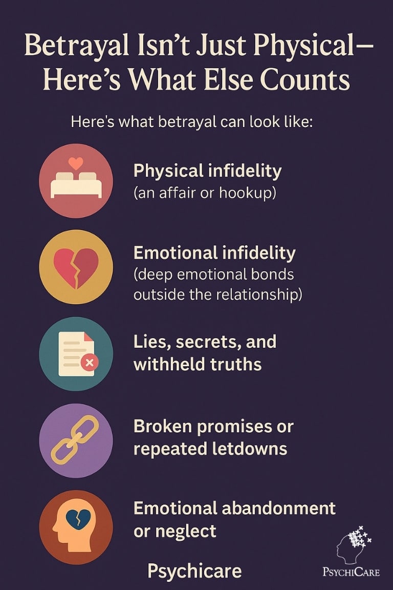 Infographic titled “Betrayal Isn’t Just Physical – Here’s What Else Counts” with five colorful sections illustrating types of betrayal: physical infidelity, emotional infidelity, lies and secrets, broken promises, and emotional neglect. Includes matching icons and PsychiCare branding, designed in a modern, clean style with a dark purple background.