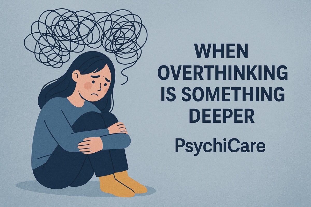 A sad young woman sits curled up with anxious thoughts symbolized by scribbles above her head, alongside the text "When Overthinking Is Something Deeper – PsychiCare" on a calm blue background.