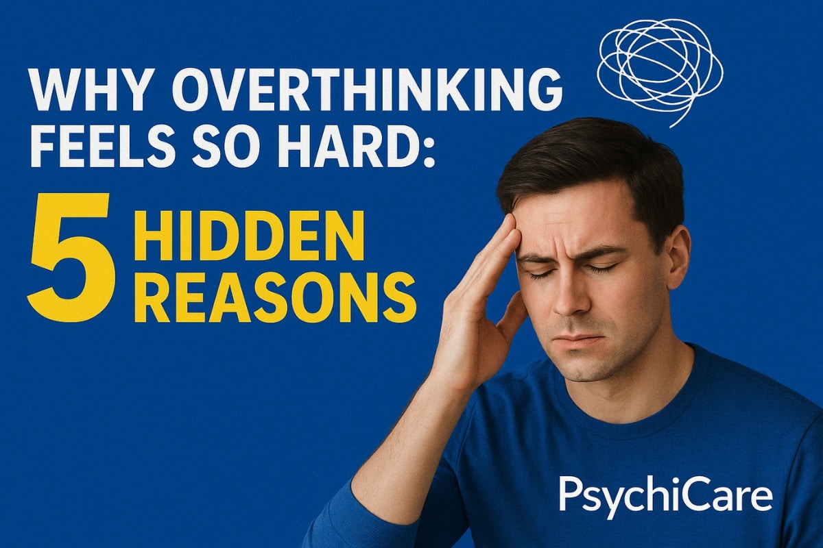 A distressed man in a blue shirt touches his temple, with bold yellow and white text reading “Why Overthinking Feels So Hard: 5 Hidden Reasons” against a dark blue background. PsychiCare branding is visible at the bottom right, and a white scribble above his head symbolizes anxious thoughts.
