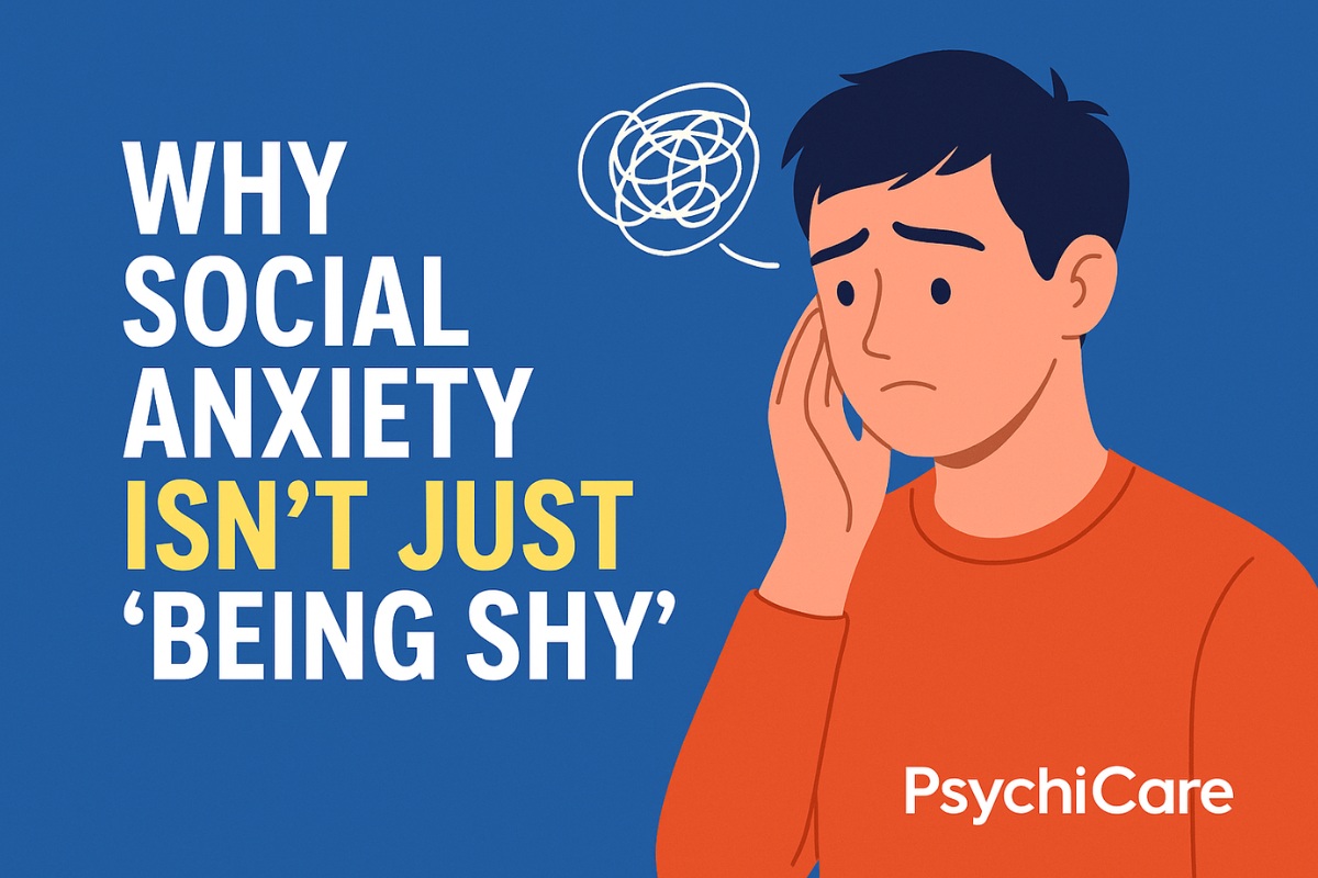 Illustration of a worried young man with a hand on his face, surrounded by a scribbled thought bubble, next to bold text reading “Why Social Anxiety Isn’t Just ‘Being Shy.’” PsychiCare logo appears at the bottom right against a deep blue background.