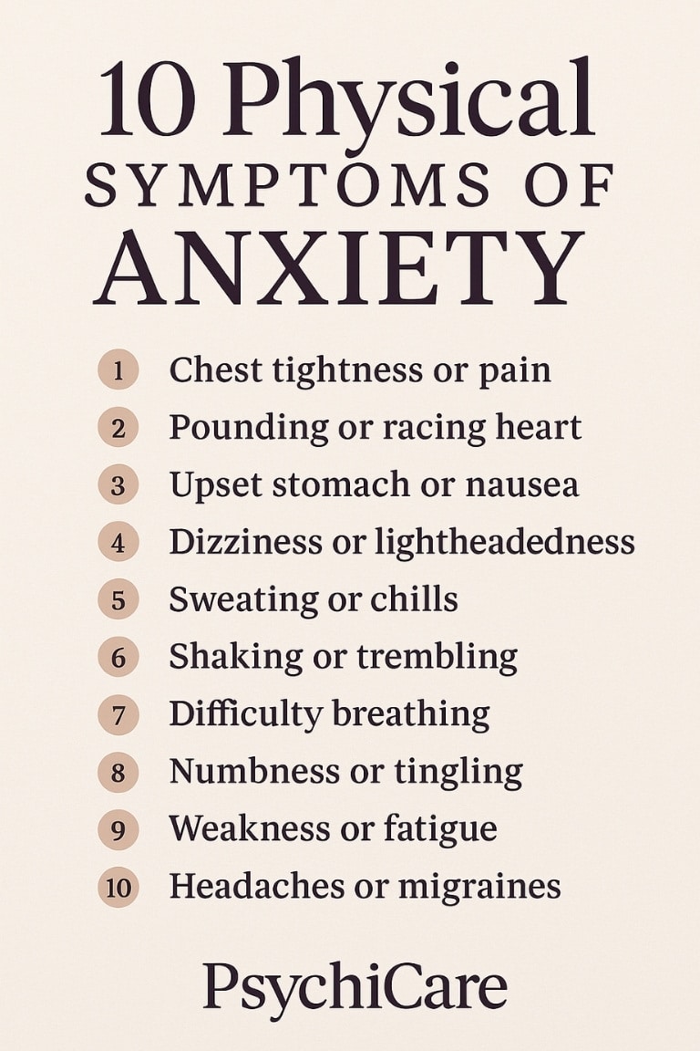 Infographic titled “10 Physical Symptoms of Anxiety” listing chest tightness, nausea, dizziness, trembling, and more on a beige background with PsychiCare branding.