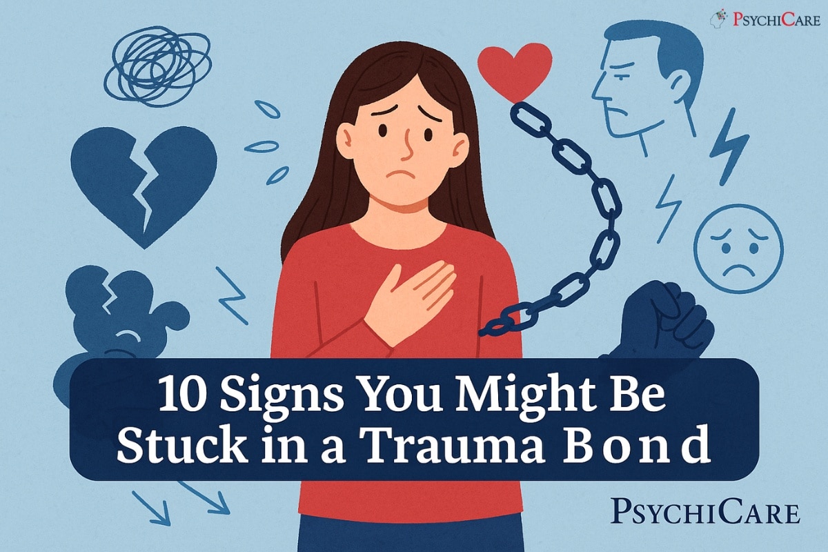 Feature image of a distressed woman chained to a partner’s shadow, surrounded by broken hearts and symbols, for the article 10 Signs You Might Be Stuck in a Trauma Bond on PsychiCare.