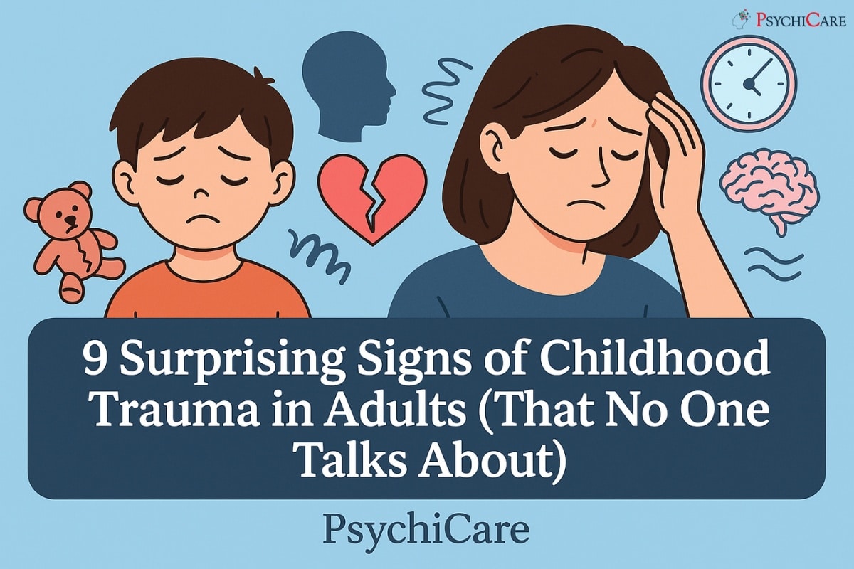 Illustration of a sad child and a distressed adult surrounded by symbols like a broken teddy bear, heart, brain, and clock, showing how childhood trauma affects adulthood.