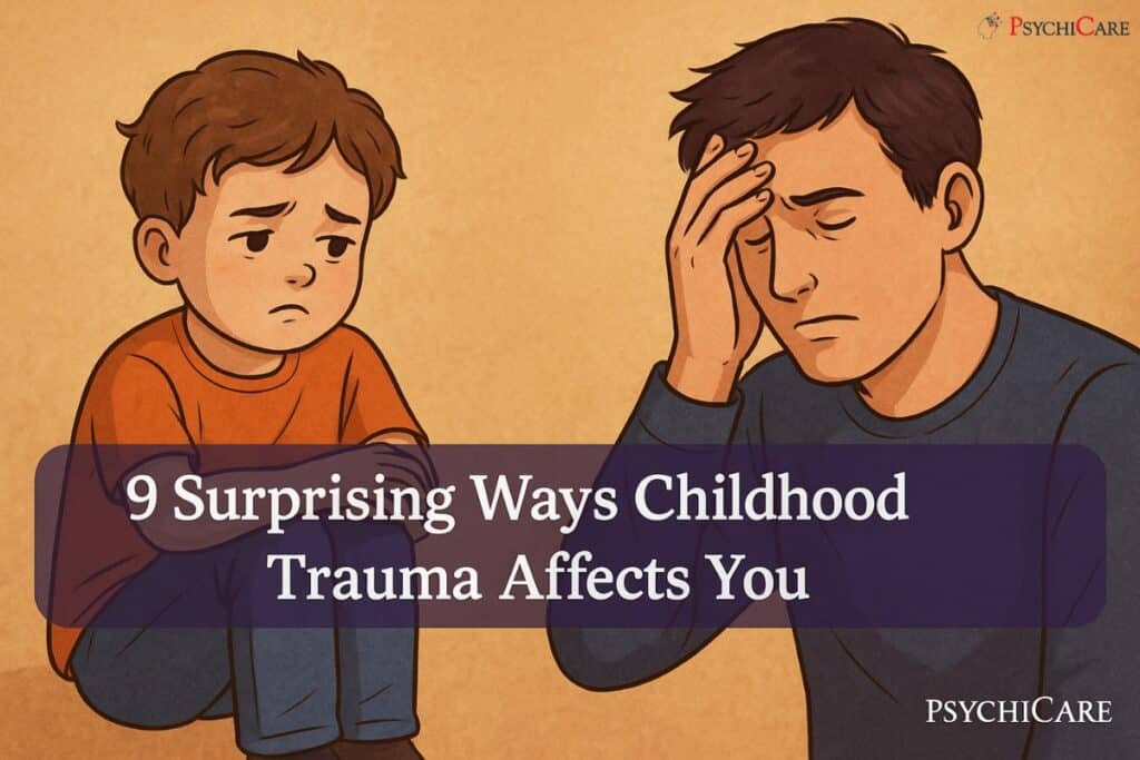 Illustration of a sad child and a worried adult showing the lasting effects of childhood trauma, feature image for PsychiCare article “9 Surprising Ways Childhood Trauma Affects You.”