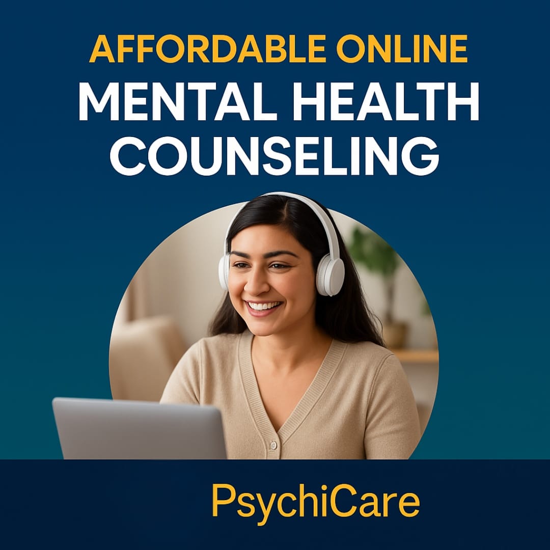 Promotional graphic for PsychiCare featuring a smiling woman wearing headphones during an online therapy session. The design highlights the message "Affordable Online Mental Health Counseling" with bold typography on a blue background, accompanied by the PsychiCare logo at the bottom.