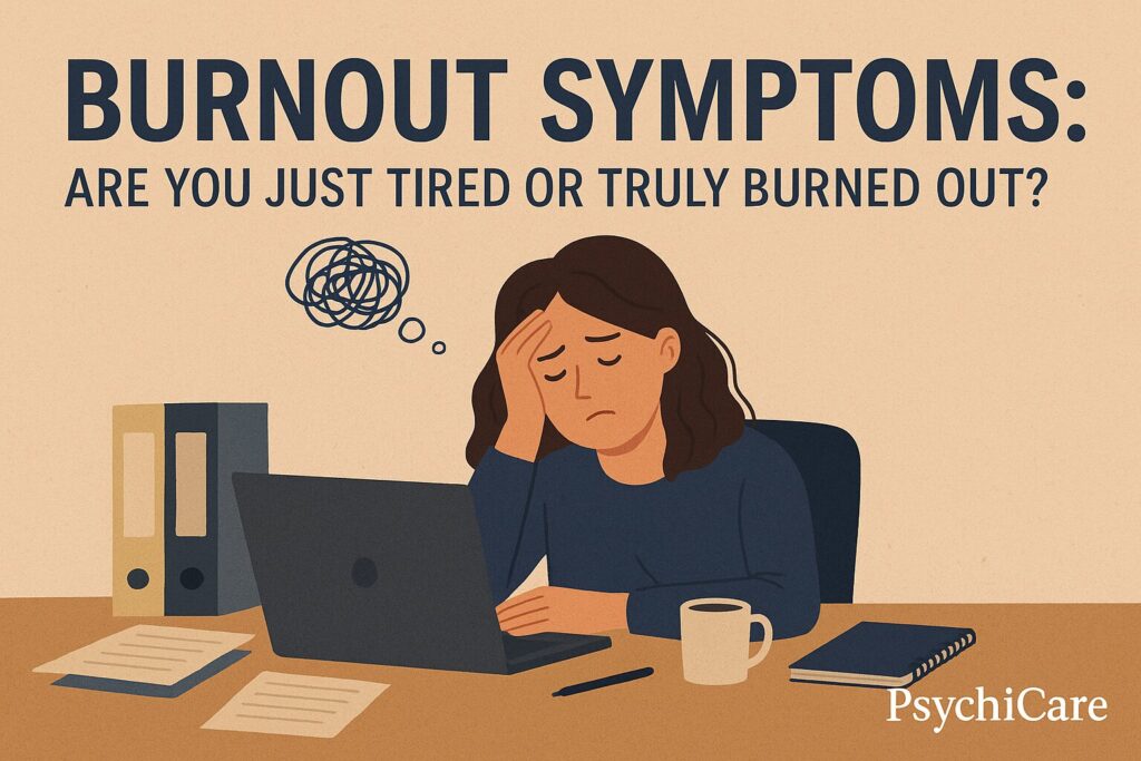 Illustration of an exhausted woman sitting at her desk with a laptop, holding her head in stress, representing burnout symptoms with PsychiCare branding.