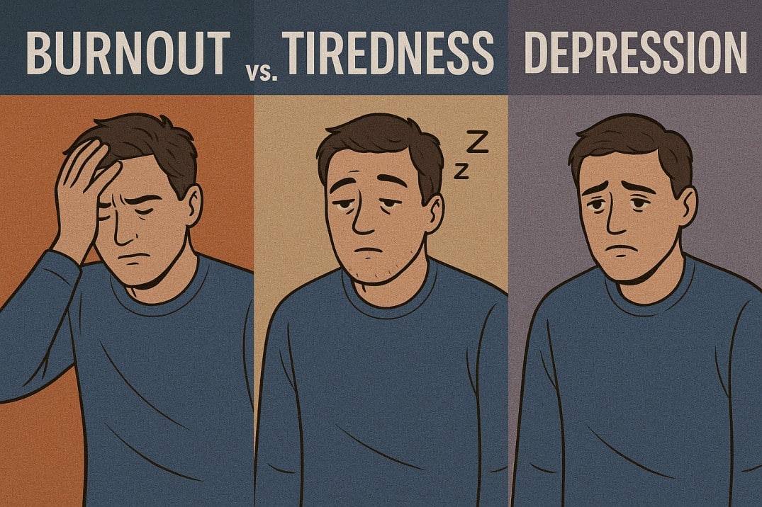 Illustration comparing burnout, tiredness, and depression with three side-by-side human figures showing stress, sleepiness, and sadness, representing PsychiCare’s mental health guide.