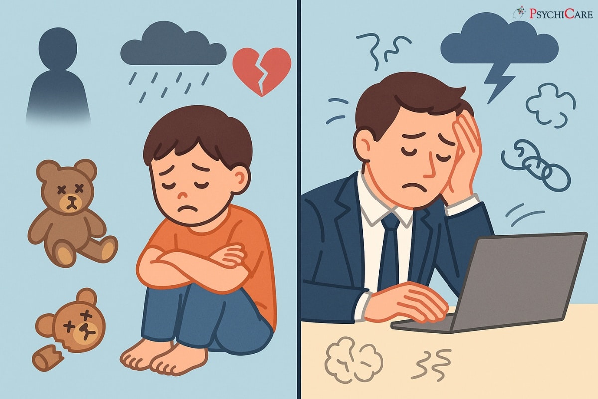 Split illustration of a sad child with a broken teddy bear on one side and a stressed adult at work on the other, symbolizing how childhood trauma affects adulthood.