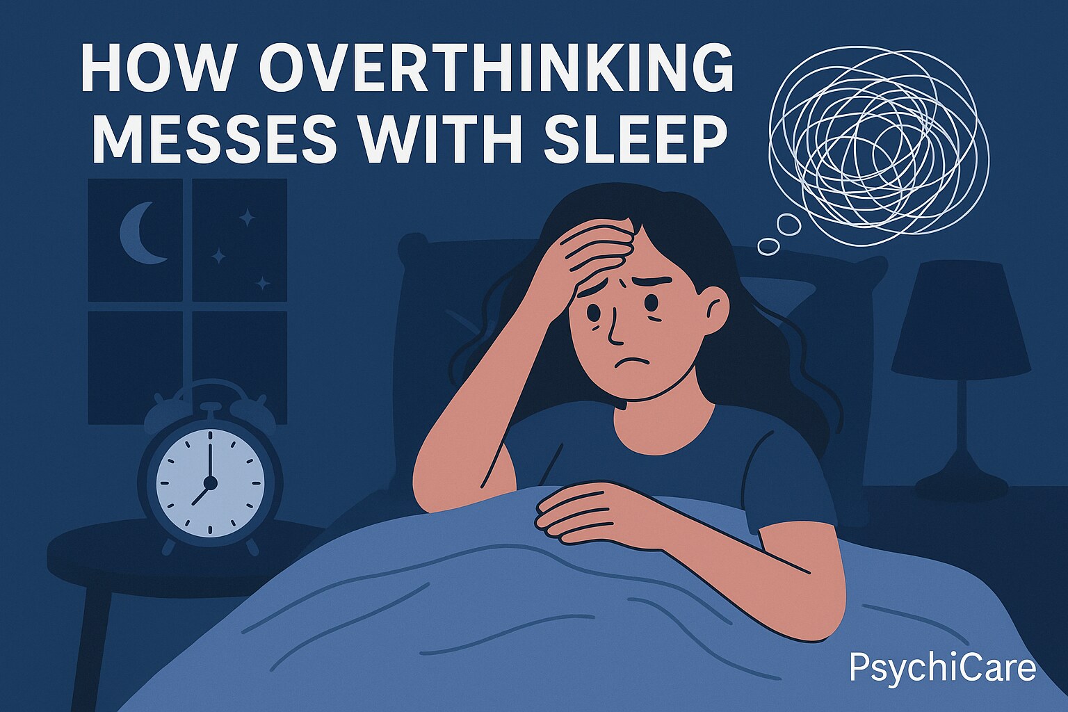 Illustration of a worried woman lying in bed at night with tangled thoughts above her head, showing how overthinking messes with sleep – PsychiCare