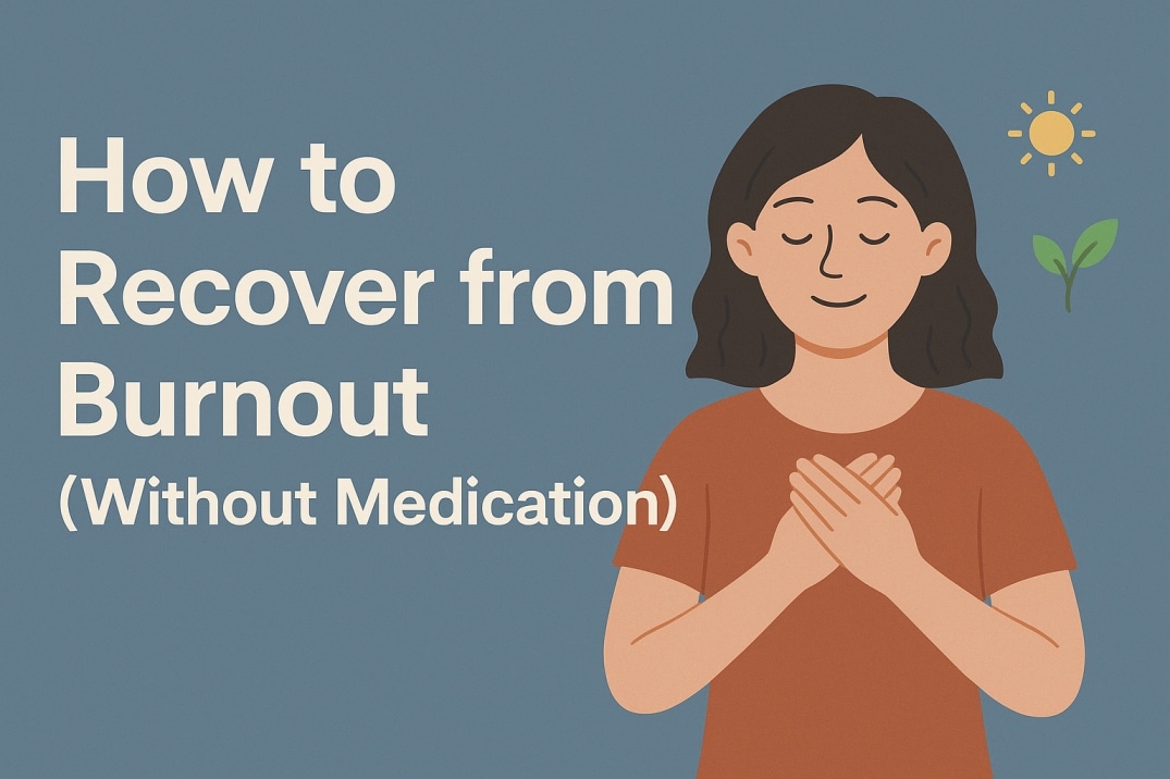 Illustration of a calm woman with hands on chest, sun and plant symbols in background, representing recovery from burnout without medication – PsychiCare