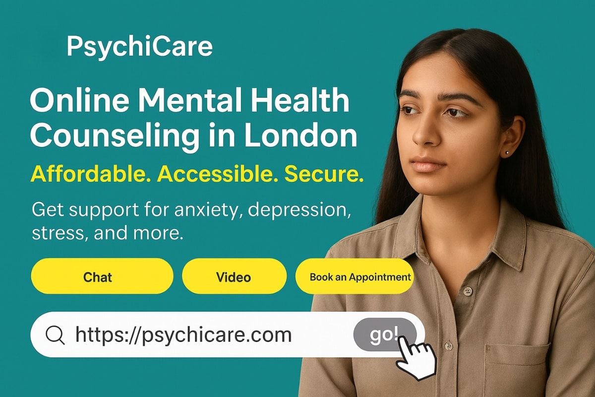 South Asian woman promoting affordable online therapy in London with PsychiCare. Book sessions via chat or video. Secure and private support.