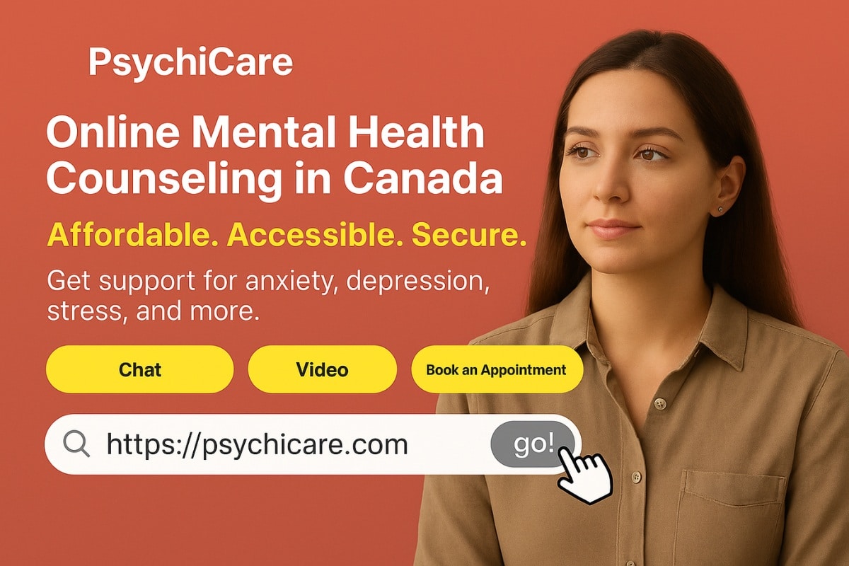 A digital ad for PsychiCare’s online mental health counselling in Canada, featuring modern design and a calming background with call-to-action buttons for chat, video, and booking therapy.