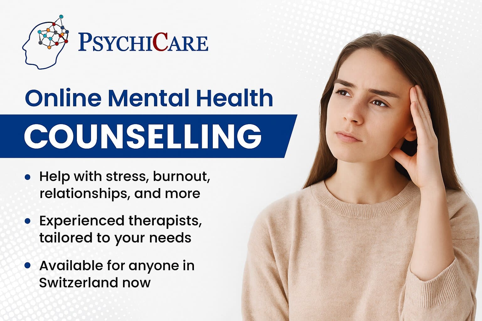 Premium banner for PsychiCare promoting online mental health counselling in Switzerland, featuring a therapist and client on video call with Swiss mountains in the background, highlighting licensed psychologists and CHF 23 per session.