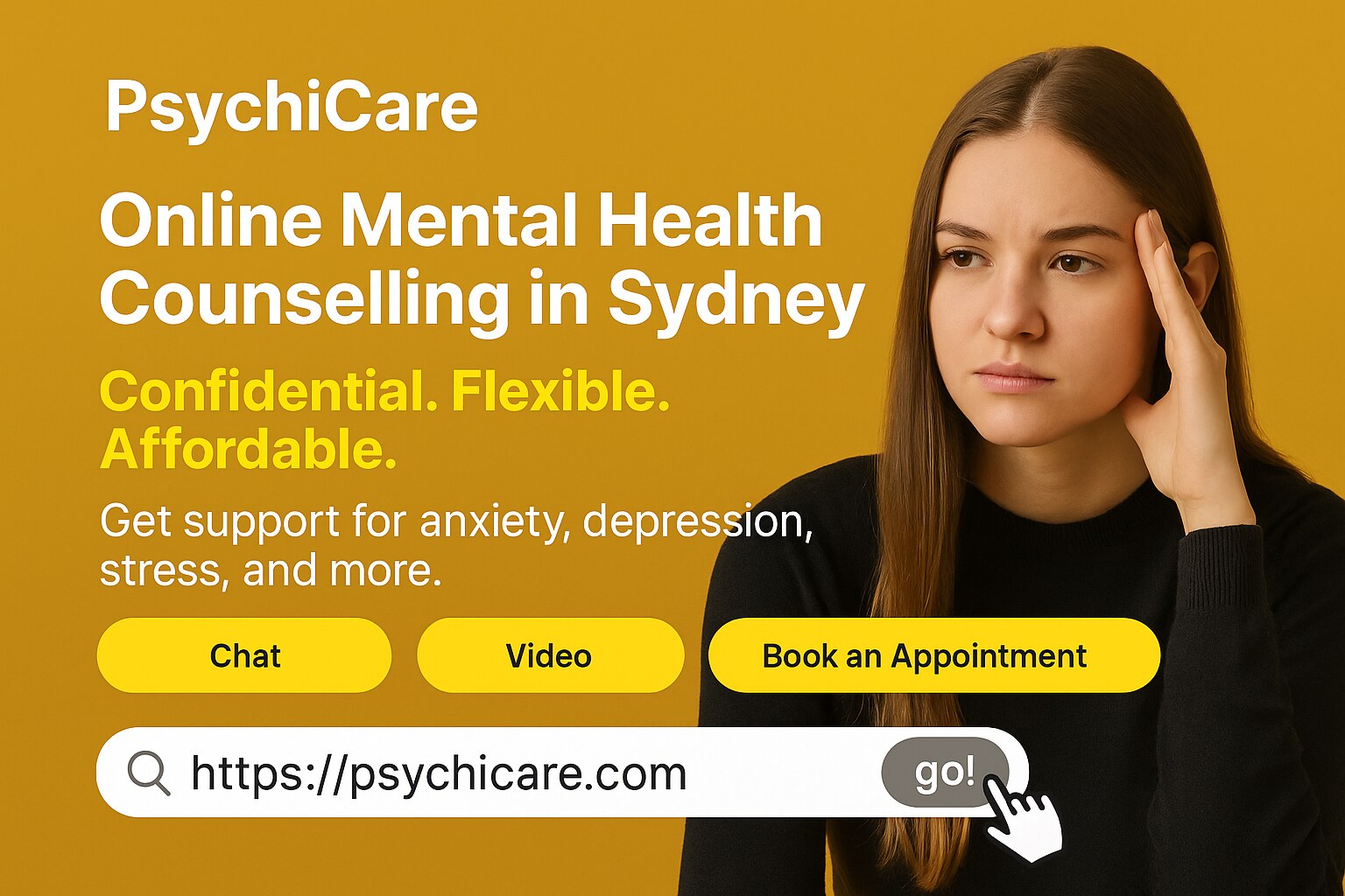 A promotional banner for PsychiCare showing online mental health counselling services in Sydney, highlighting chat, video, and appointment options with a calm woman on teal background