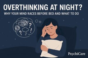 Illustration of a woman lying awake in bed with anxious thoughts, representing overthinking at night, with text “Overthinking at Night? Why Your Mind Races Before Bed and What to Do” and PsychiCare branding.