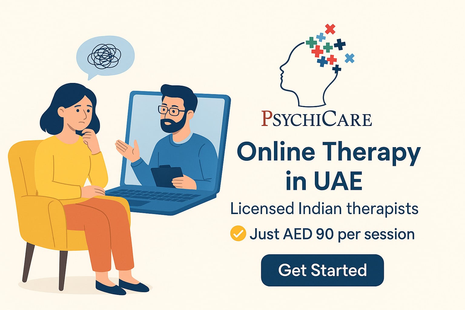 PsychiCare ad promoting online therapy in UAE with licensed Indian psychologists, AED 90 per session, featuring a video call between therapist and client