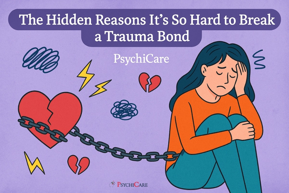 Feature image of a distressed woman chained to a broken heart, surrounded by stormy symbols, for the article The Hidden Reasons It’s So Hard to Break a Trauma Bond on PsychiCare.