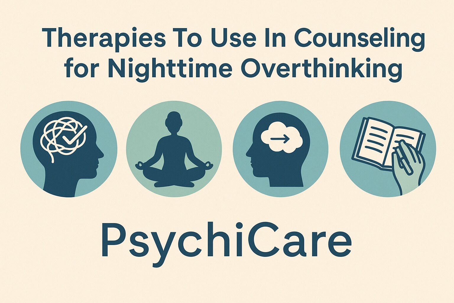 Illustration showing therapy methods like CBT, mindfulness, and journaling with icons of brain, meditation, and writing, representing therapies to use in counseling for nighttime overthinking – PsychiCare