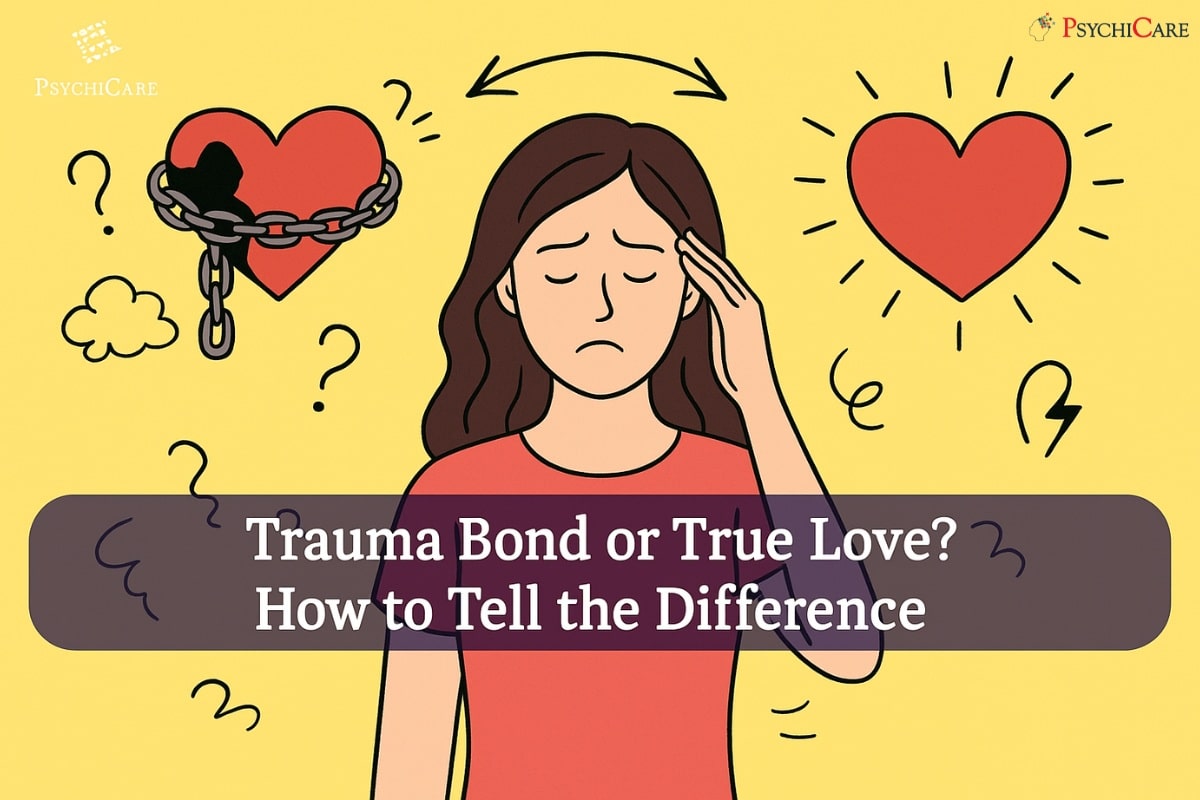 Feature image showing a confused woman deciding between a chained heart (trauma bond) and a glowing heart (true love), for the article Trauma Bond or True Love? How to Tell the Difference on PsychiCare.
