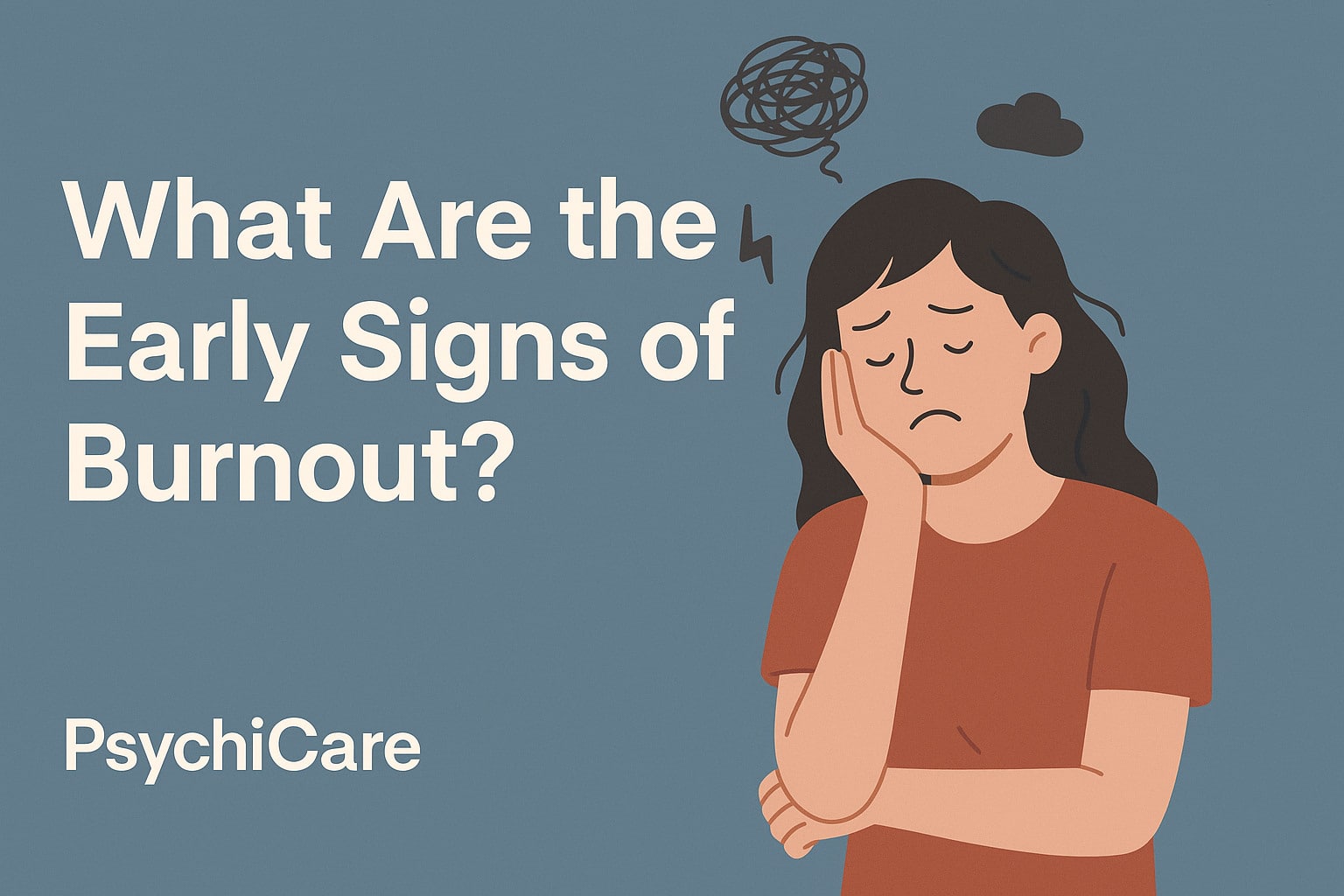 Illustration of a tired woman with a stressed expression, head resting on hand, surrounded by stress symbols, representing the early signs of burnout – PsychiCare