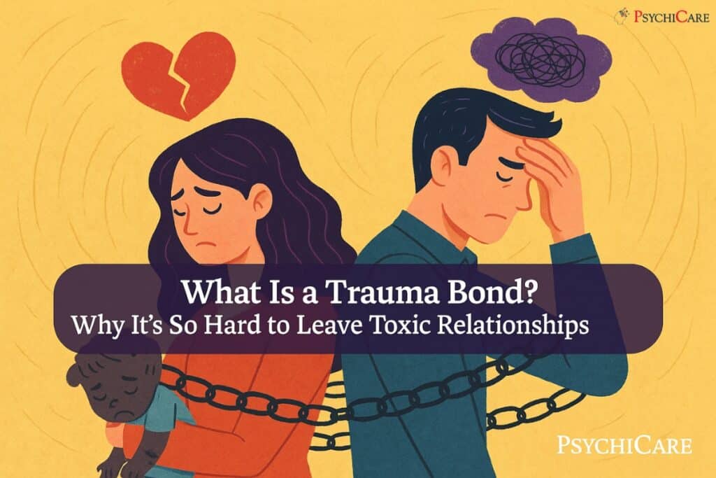 Feature image showing a couple chained together, symbolizing toxic attachment, for the article What Is a Trauma Bond? Why It’s So Hard to Leave Toxic Relationships on PsychiCare.