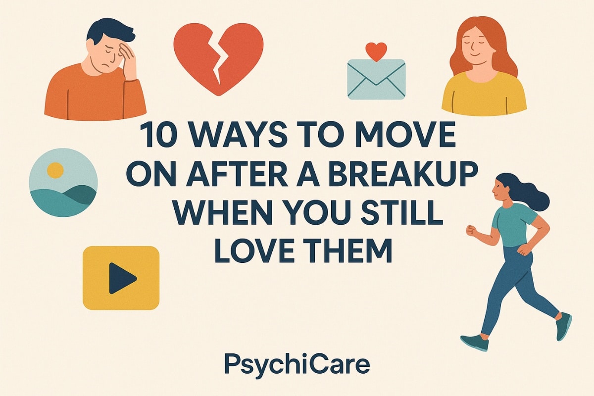 Feature image for PsychiCare article “10 Ways to Move On After a Breakup When You Still Love Them” showing illustrations of a broken heart, sad and hopeful people, and a runner symbolizing moving forward.