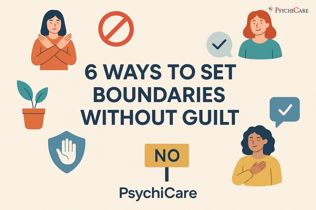 Feature image for PsychiCare article titled “6 Ways to Set Boundaries Without Guilt” showing calm illustrations of people, boundary symbols, and the word “NO” in a clean horizontal design.