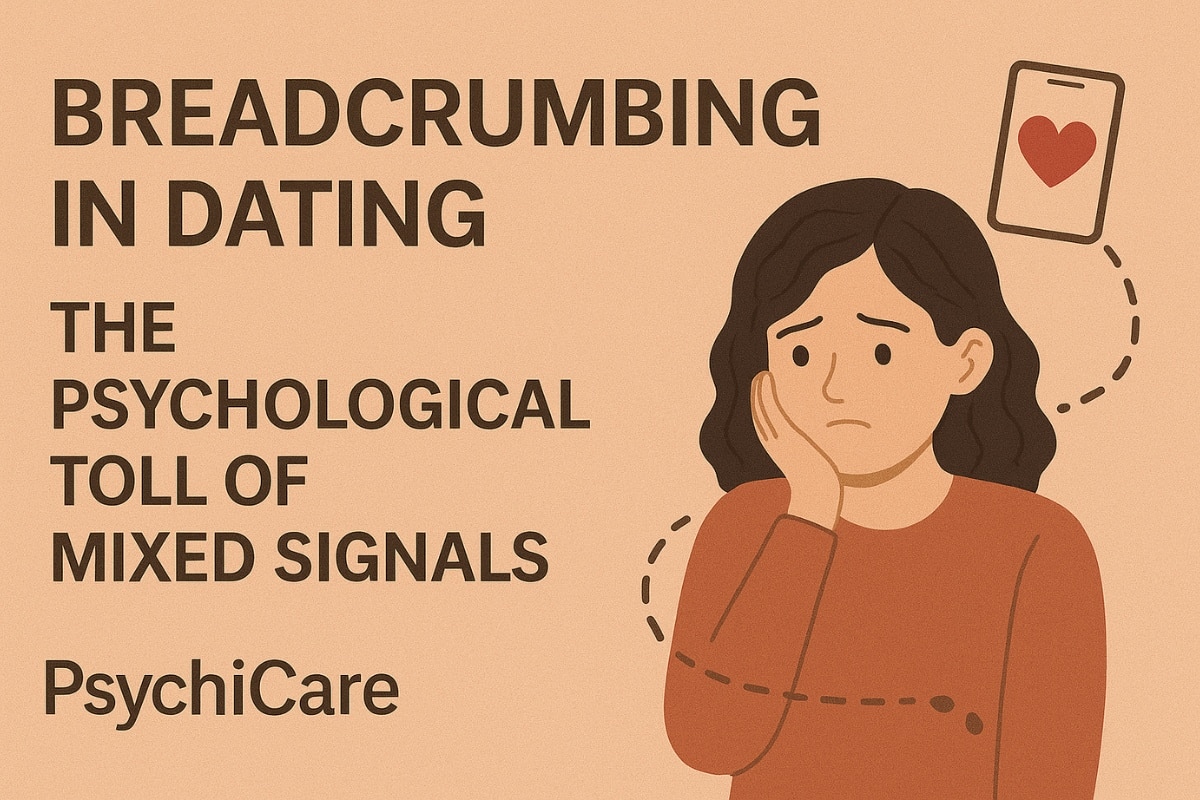 Feature image with text “Breadcrumbing in Dating – The Psychological Toll of Mixed Signals” showing a confused woman with a breadcrumb trail leading to a phone, PsychiCare branding.