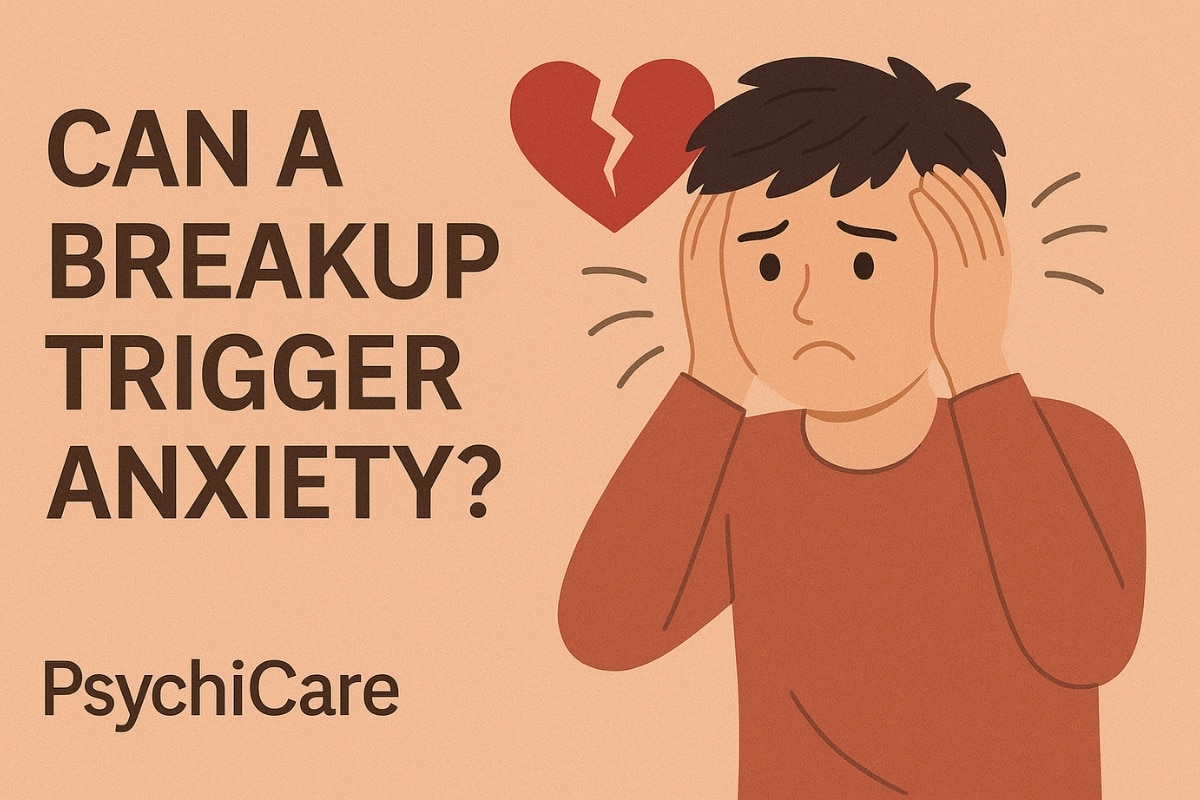 Feature image with text “Can a Breakup Trigger Anxiety?” showing a worried young man holding his head with a broken heart symbol, PsychiCare branding.
