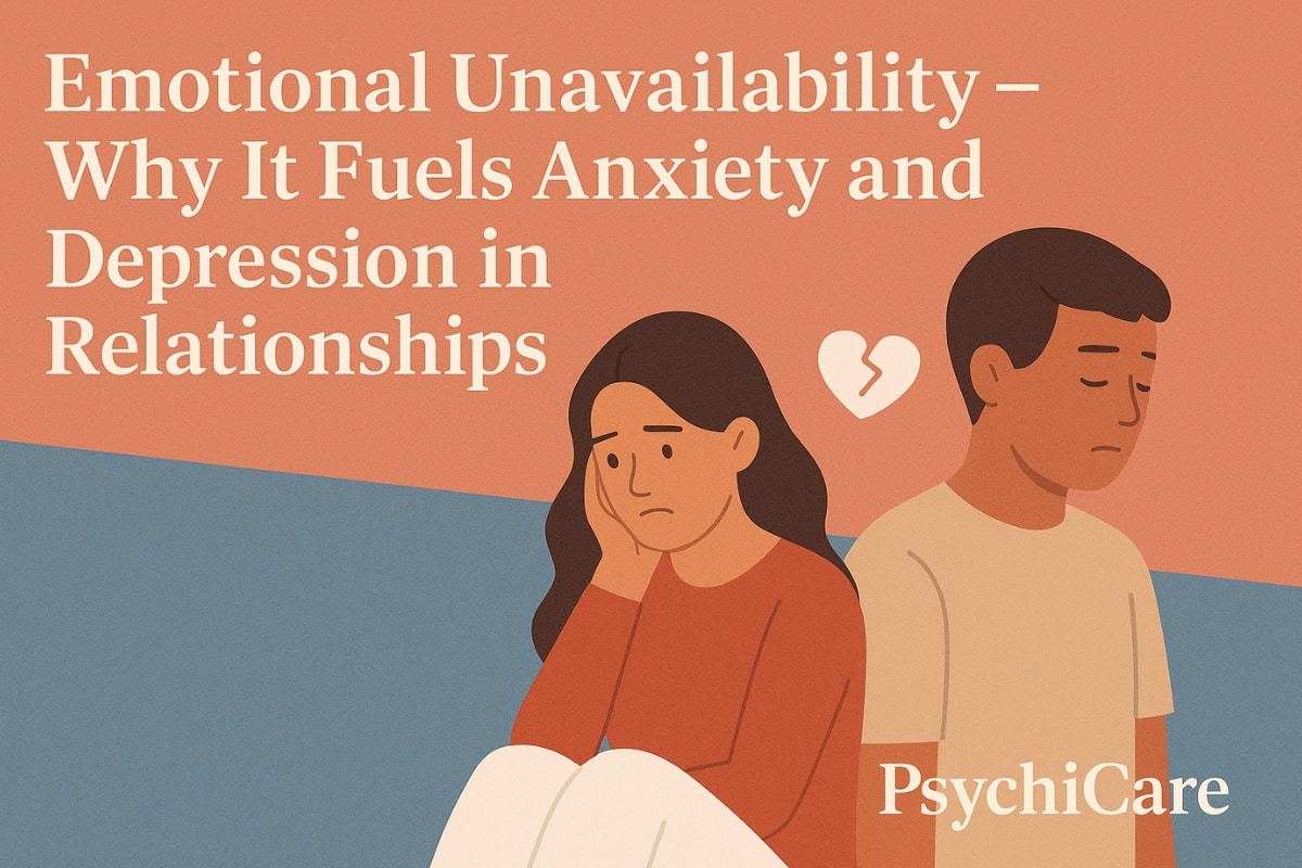 Feature image for PsychiCare article “Emotional Unavailability – Why It Fuels Anxiety and Depression in Relationships” showing a distant partner turned away and a sad, anxious person beside a broken heart symbol.
