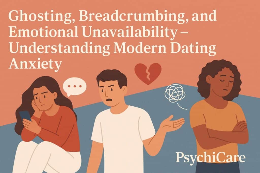Feature image for PsychiCare article “Ghosting, Breadcrumbing, and Emotional Unavailability – Understanding Modern Dating Anxiety” showing illustrations of people experiencing confusion, emotional distance, and heartbreak in modern dating.