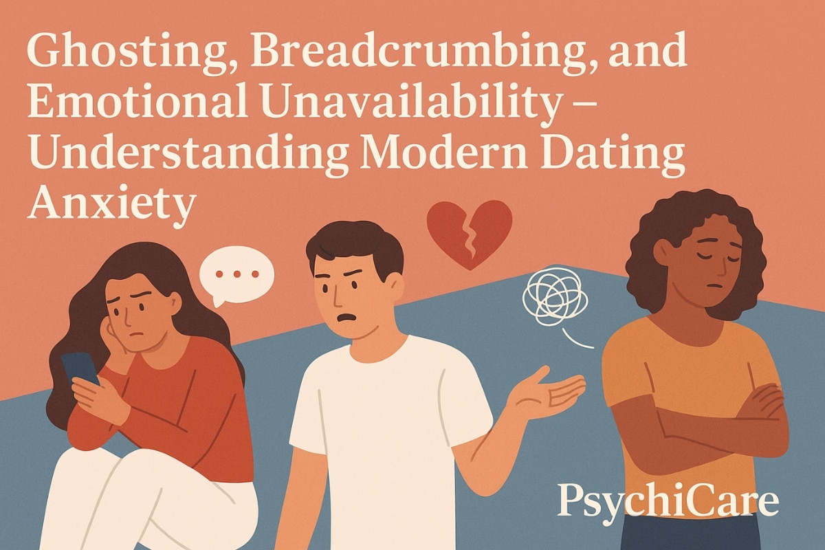 Feature image for PsychiCare article “Ghosting, Breadcrumbing, and Emotional Unavailability – Understanding Modern Dating Anxiety” showing illustrations of people experiencing confusion, emotional distance, and heartbreak in modern dating.