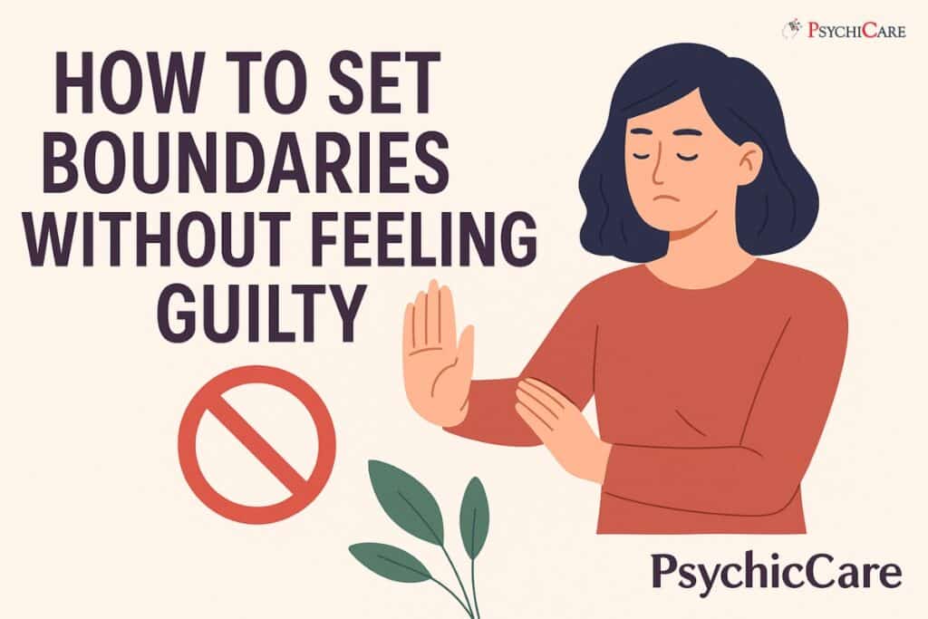 Feature image for PsychiCare article titled "How to Set Boundaries Without Feeling Guilty" showing a calm woman setting limits with confidence.