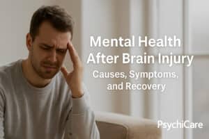 A man holding his head in discomfort while sitting indoors, symbolising the struggle of mental health after brain injury, with text overlay “Mental Health After Brain Injury: Causes, Symptoms, and Recovery” and PsychiCare branding.