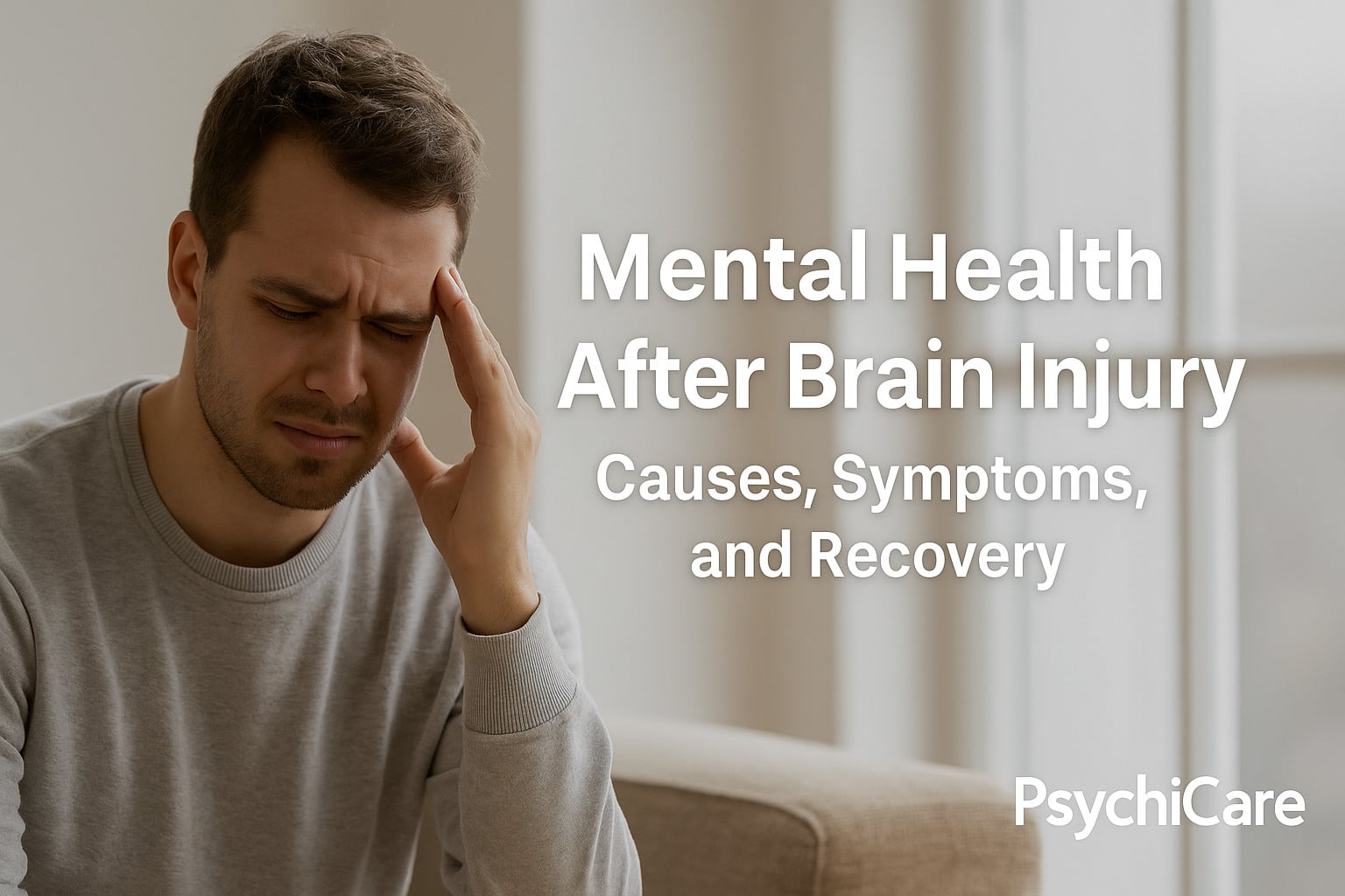 A man holding his head in discomfort while sitting indoors, symbolising the struggle of mental health after brain injury, with text overlay “Mental Health After Brain Injury: Causes, Symptoms, and Recovery” and PsychiCare branding.