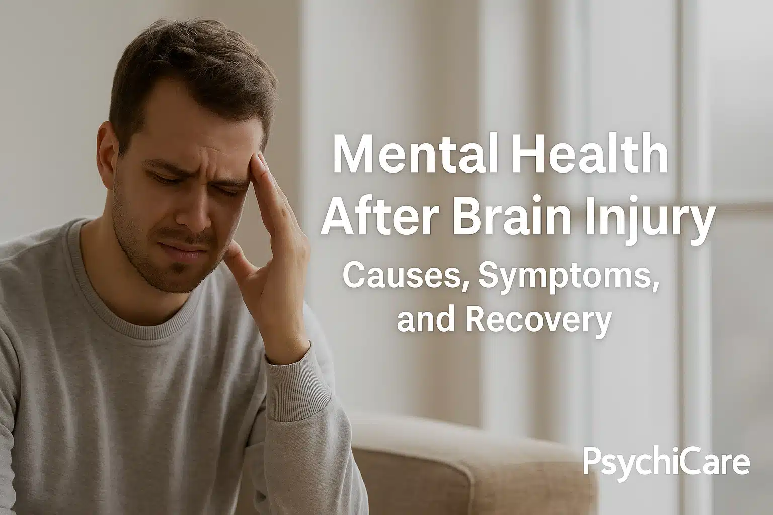 A man holding his head in discomfort while sitting indoors, symbolising the struggle of mental health after brain injury, with text overlay “Mental Health After Brain Injury: Causes, Symptoms, and Recovery” and PsychiCare branding.