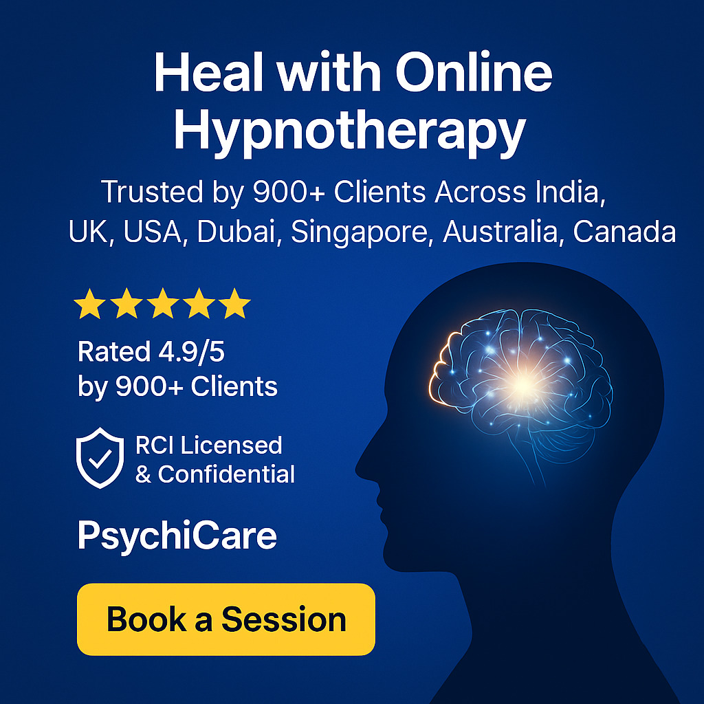 PsychiCare online hypnotherapy sessions with certified therapists, 5-star client reviews, RCI licensed, serving India, UK, USA, Dubai, Singapore, Australia, and Canada