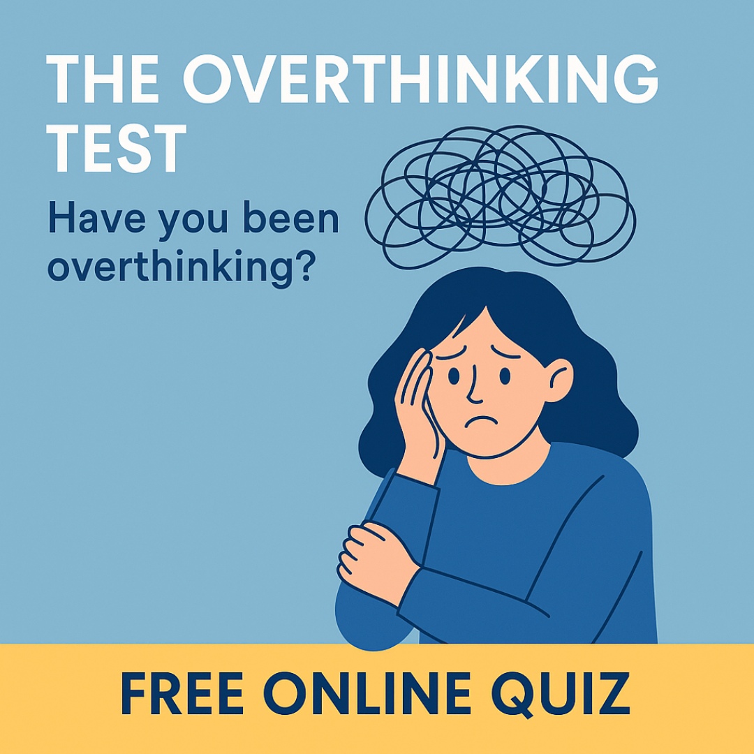 Overthinking Test – Free Online Quiz by PsychiCare Illustration of an anxious woman with thought scribbles above her head promoting the Overthinking Test, a free online quiz by PsychiCare.