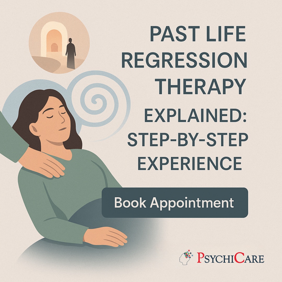 Illustration of a past life regression therapy session showing a relaxed woman with a therapist’s hand on her shoulder, symbolic spiral and archway in the background, with the text “Past Life Regression Therapy Explained: Step-by-Step Experience,” a “Book Appointment” button, and PsychiCare branding.