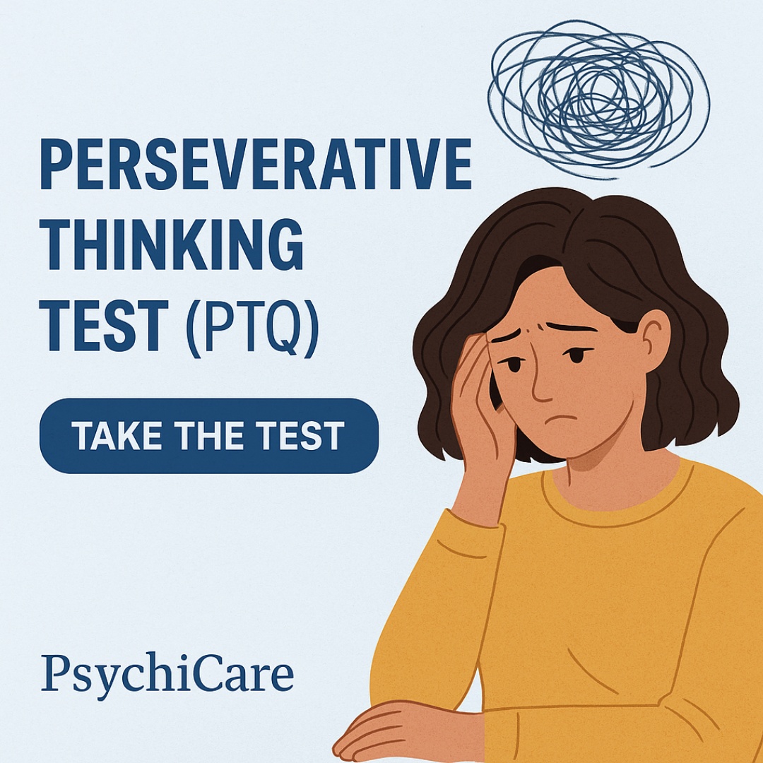 Illustration of an anxious woman with thought scribbles above her head promoting the Perseverative Thinking Test (PTQ), a free online assessment by PsychiCare.