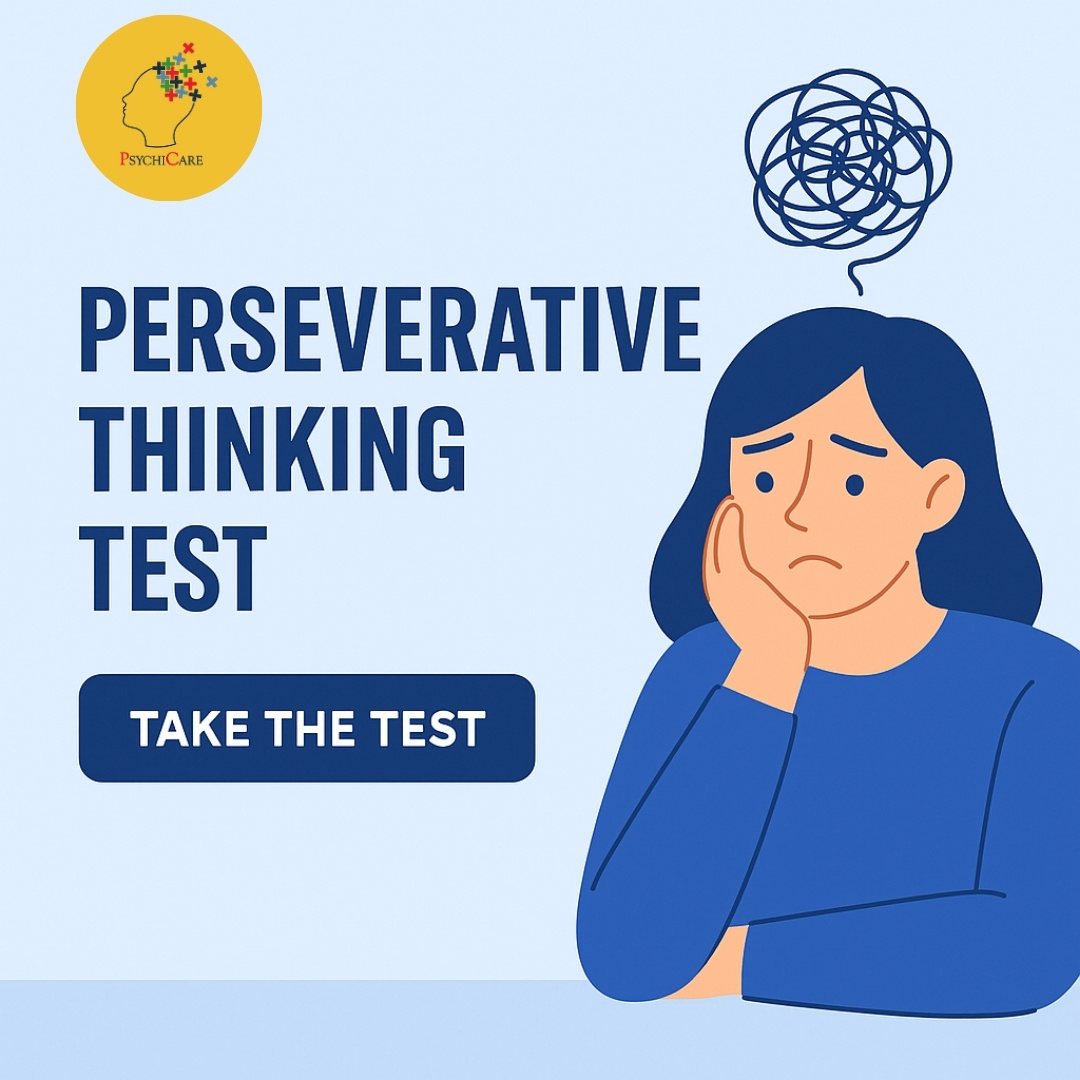 Illustration of an anxious woman with thought scribbles above her head promoting the Perseverative Thinking Test (PTQ), a free online assessment by PsychiCare.