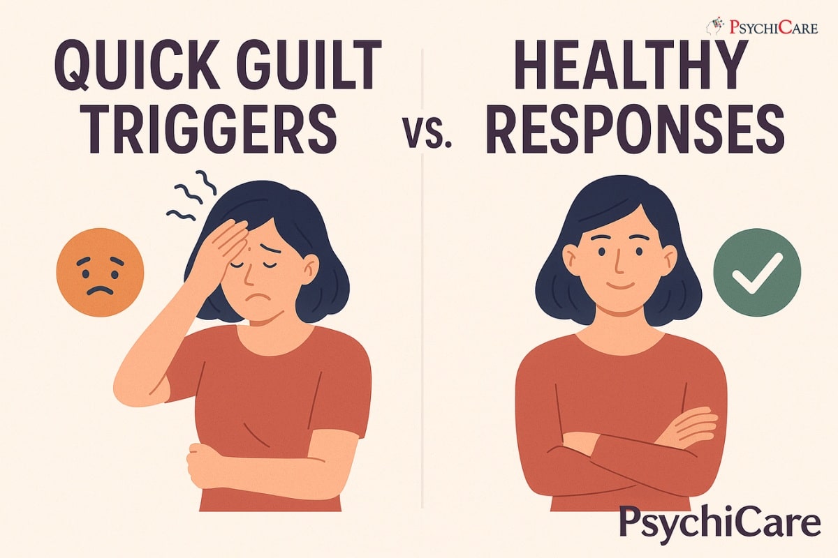 Feature image for PsychiCare article titled "Quick Guilt Triggers vs. Healthy Responses" showing a sad woman on one side and a confident woman on the other.