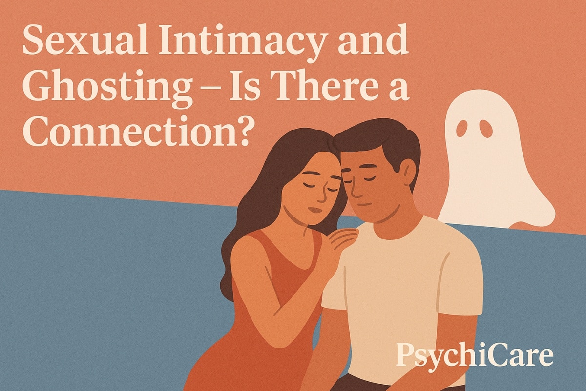 Feature image for PsychiCare article “Sexual Intimacy and Ghosting – Is There a Connection?” showing a couple sitting close yet emotionally distant, with a ghost figure in the background symbolizing ghosting after intimacy.