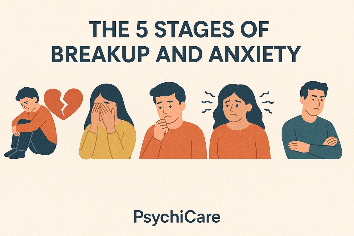 Feature image for PsychiCare article “The 5 Stages of Breakup and Anxiety” showing illustrations of people experiencing different emotional stages like sadness, denial, anger, and stress.