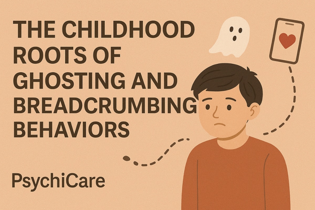 Feature image with text “The Childhood Roots of Ghosting and Breadcrumbing Behaviors” showing a sad child, ghost icon, and breadcrumb trail leading to a phone, PsychiCare branding.