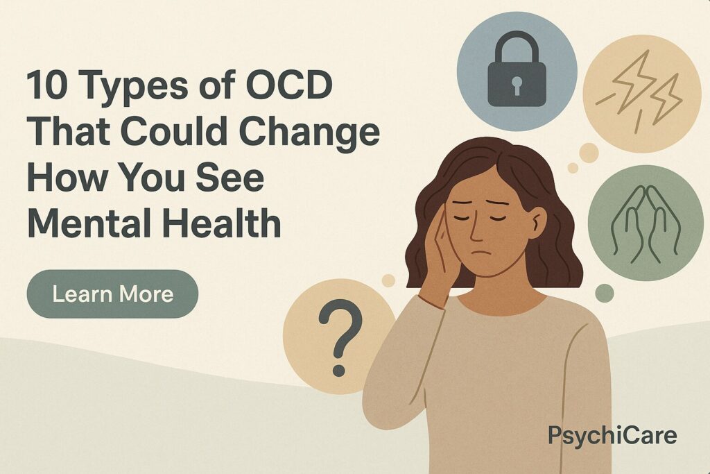 Illustration of a thoughtful woman surrounded by mental health symbols with the text “10 Types of OCD That Could Change How You See Mental Health,” a Learn More button, and PsychiCare branding.
