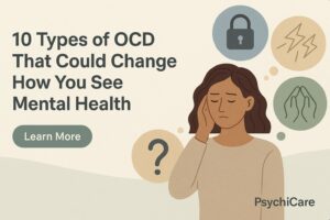 Illustration of a thoughtful woman surrounded by mental health symbols with the text “10 Types of OCD That Could Change How You See Mental Health,” a Learn More button, and PsychiCare branding.