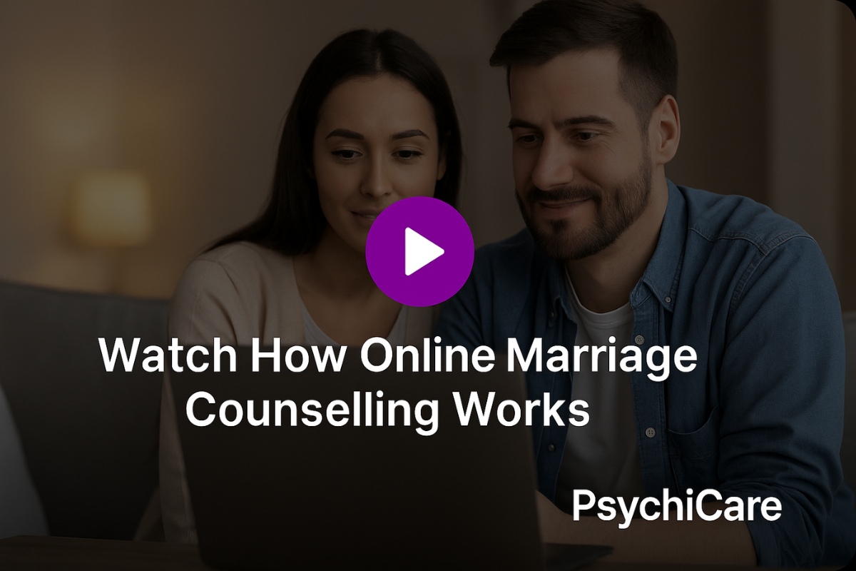 Couple in an online marriage counselling session with a PsychiCare therapist, play button overlay, trusted counselling India and worldwide