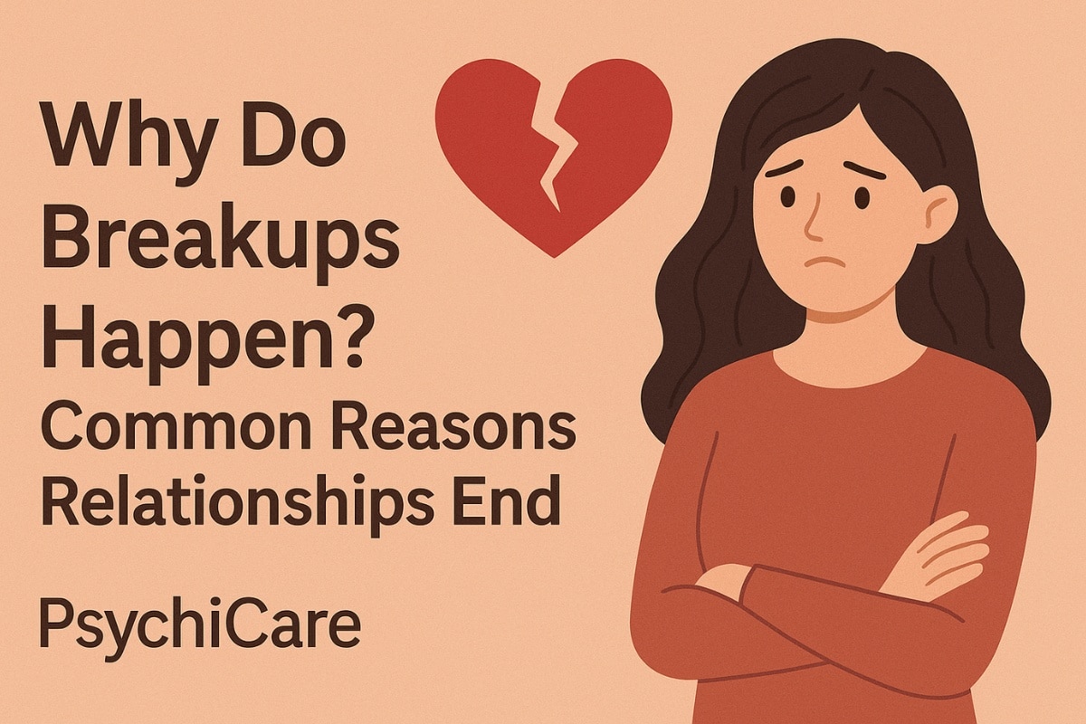 Feature image with text “Why Do Breakups Happen? Common Reasons Relationships End” showing a sad woman and broken heart illustration, PsychiCare branding.